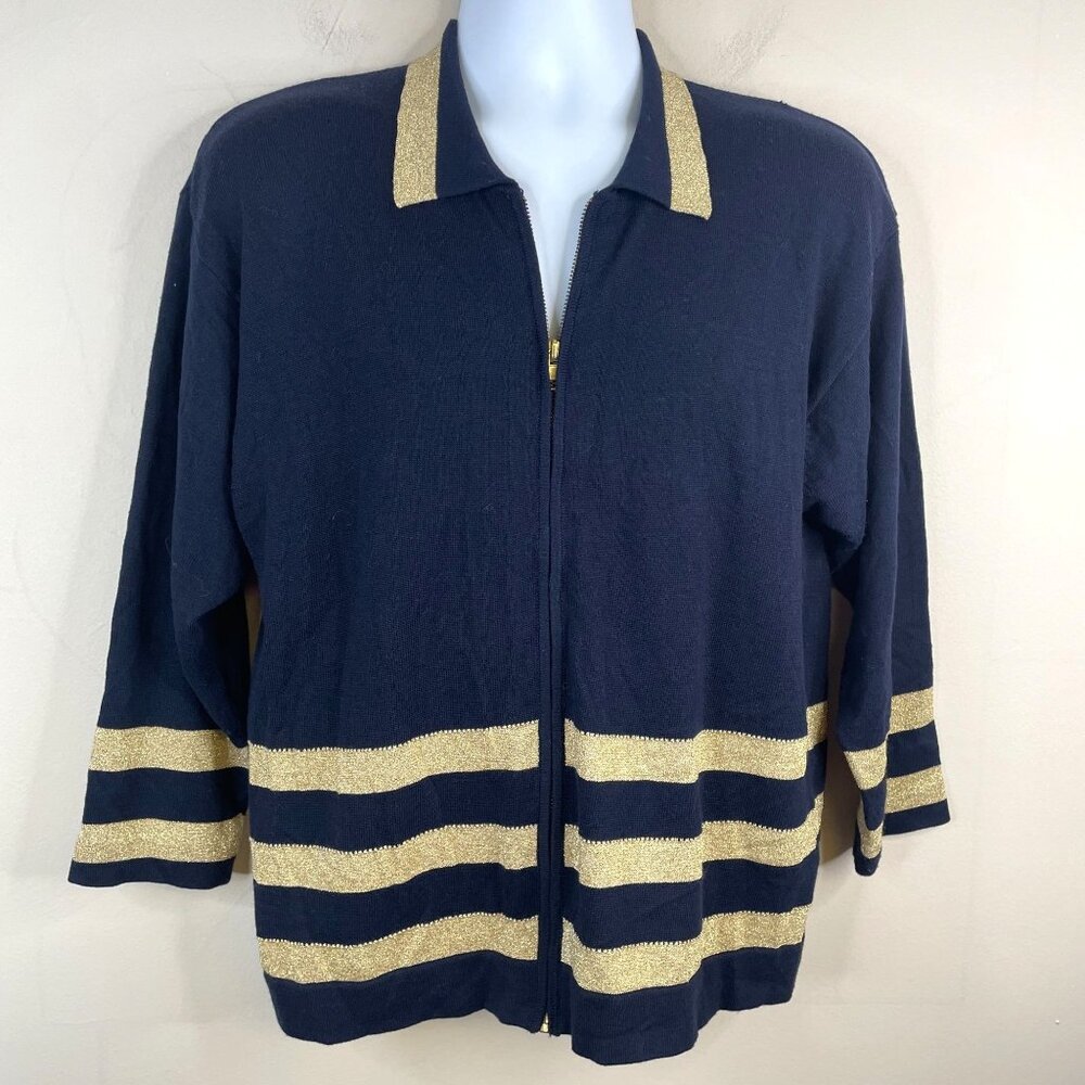 Vintage Nautical Cardigan Sweater Womens XLarge Blue‎ Glitter Old Money Preppy